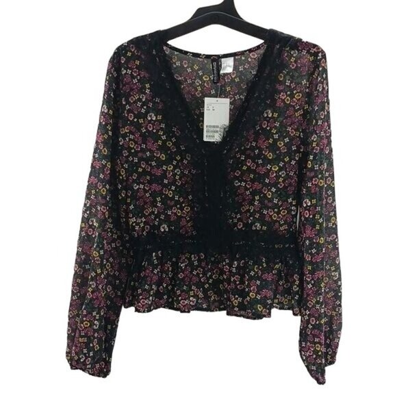 Divided Blouse Floral V Neck Long Sleeve Semi Sheer Elastic Waist Womens Size 2 - Picture 1 of 5
